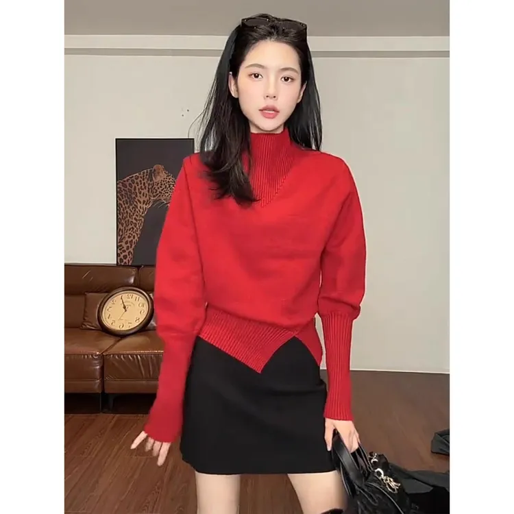 复古红色高领毛衣女秋冬季保暖内搭不规则开叉羊毛针织打底衫上衣