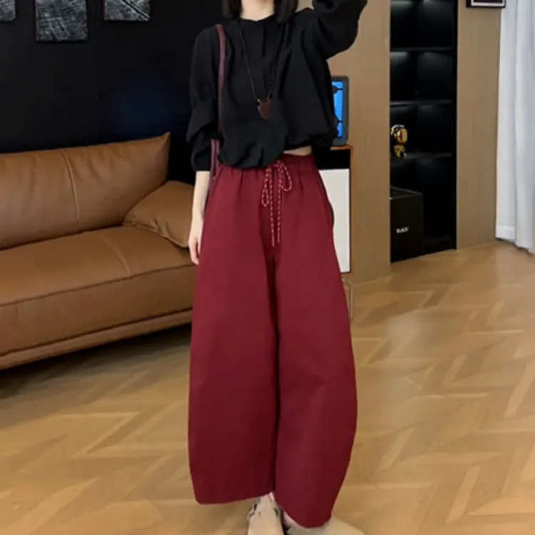 早秋穿搭简约纯色长袖圆领短款高腰宽松休闲显瘦长裤秋季