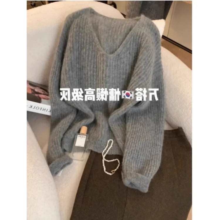 清仓韩系慵懒风v领灰色毛衣女秋季宽松套头针织衫高级感长袖上衣