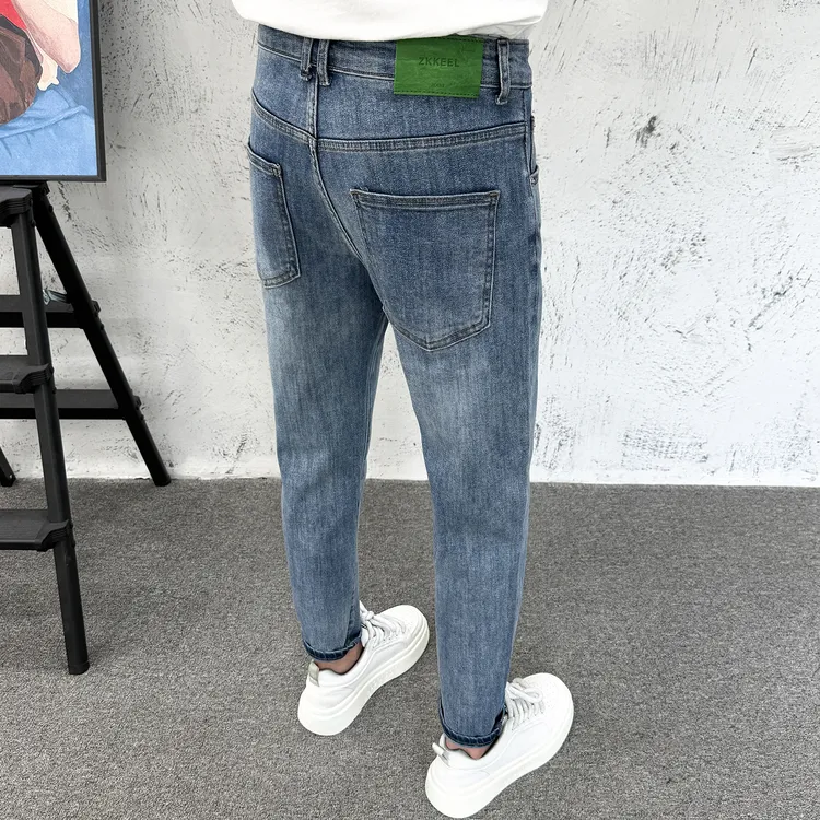 蓝色高档牛仔裤男秋季爆款美式休闲简约百搭修身小脚痞帅九分裤子