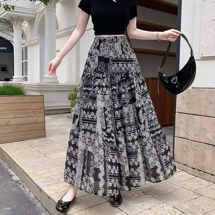 【运费补贴5-6米】民族风墨底半裙夏季中长裙度假风复古半身裙A字裙