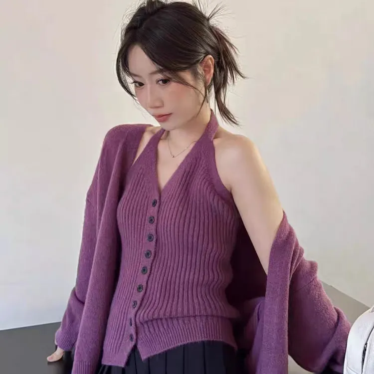 韩系时尚针织两件套女25秋冬新款气质毛衣开衫打底吊带背心套装
