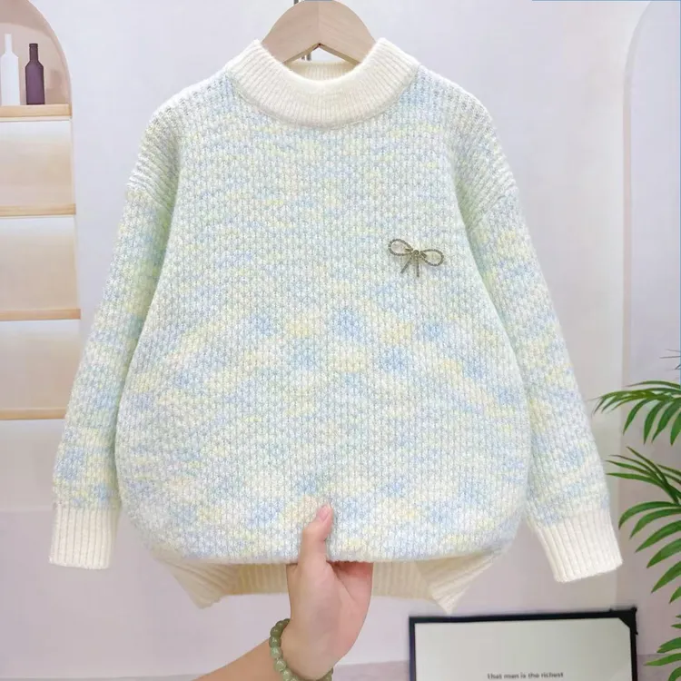 女厚款圆领长袖少女风毛衣针织衫宝宝女童打底衫大童加厚加绒潮款