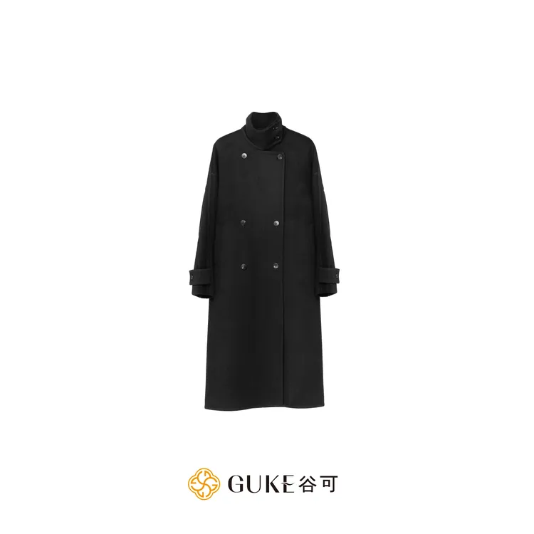 GKE/谷可S1186简约百搭双面呢黑色大衣时尚双排扣垂感保暖外套