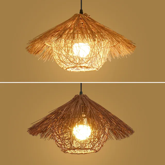 创意个性草帽吊灯藤编编织艺术灯罩仿古民宿灯具饭店餐厅竹编灯笼
