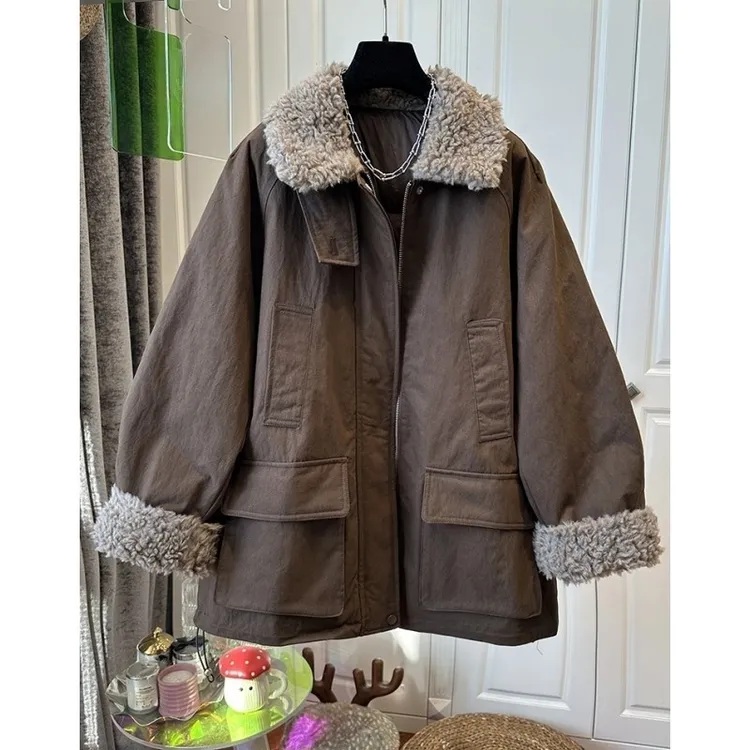 04102欧洲站毛茸茸翻领拼接中长款女夹棉厚外套纯色宽松休闲冬款