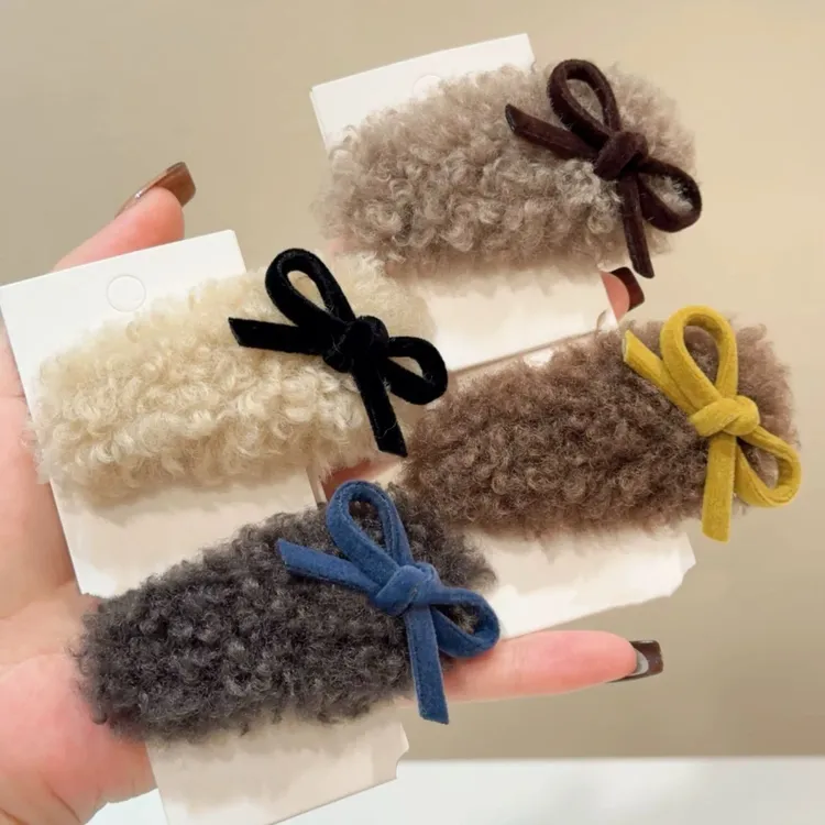 2025秋冬新款仿羊羔毛毛绒韩版时尚BB夹彩色丝绒蝴蝶结发饰发夹女