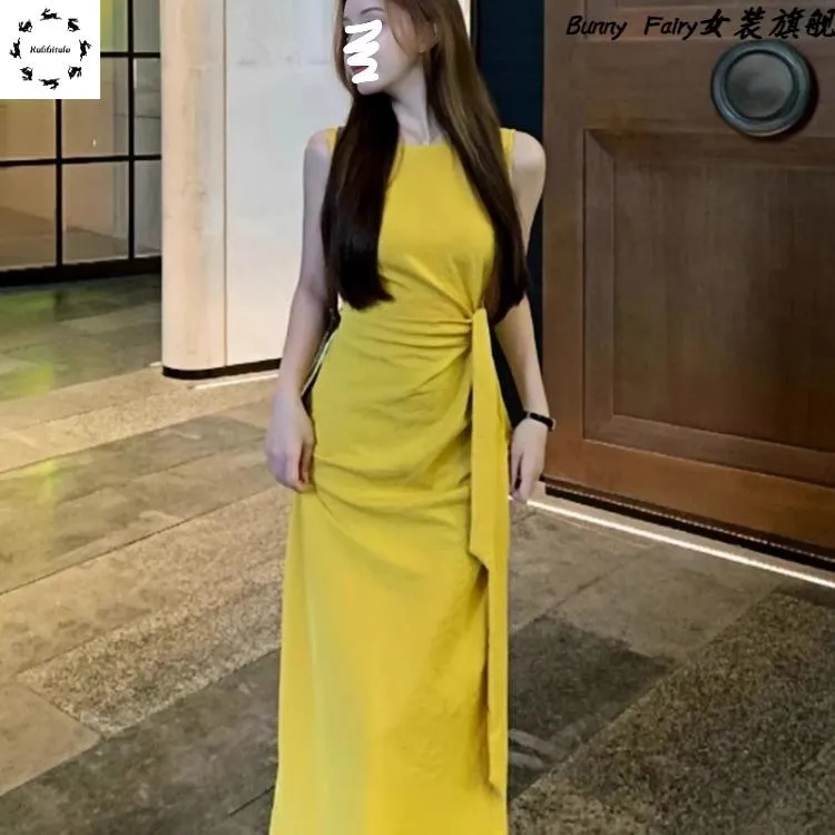 高级感圆领系带收腰背心连衣裙女2025夏季新款气质无袖开叉长裙子