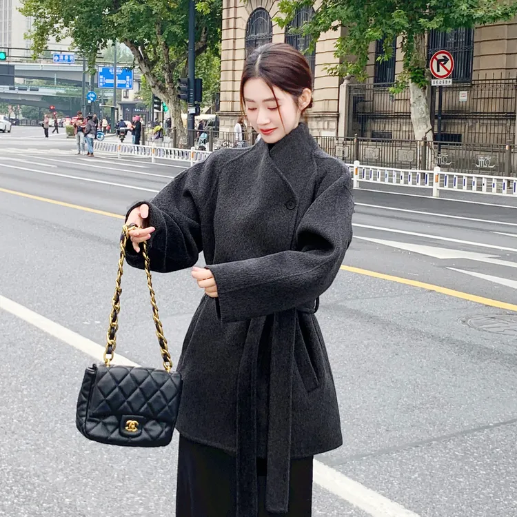 黑色高级感双面羊绒大衣女短款2025新款气质显瘦收腰系带毛呢外套