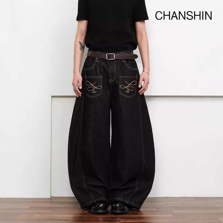 新款深色夏季牛仔裤重工刺绣美式宽松直筒阔腿长裤男女同款弯刀裤