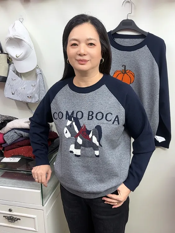 妈妈装灰藏青拼色针织衫软糯亲肤小马南瓜印花中年女士保暖毛衣