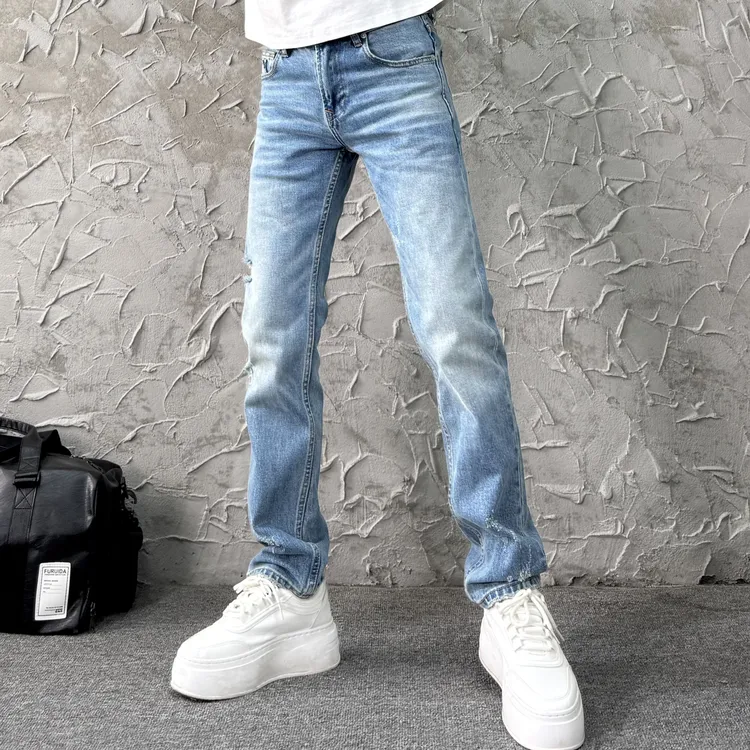 秋冬季修身直筒破洞牛仔裤复古老钱风加厚耐磨抗皱易打理出游显瘦