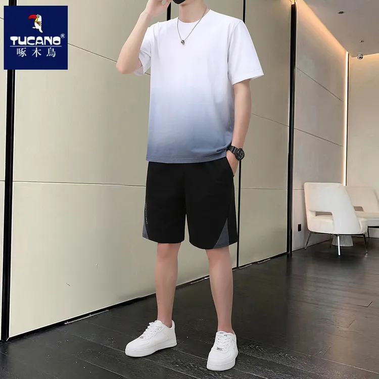 啄木鸟男士短袖套装夏季薄款凉感渐变短袖T恤休闲运动短裤两件套