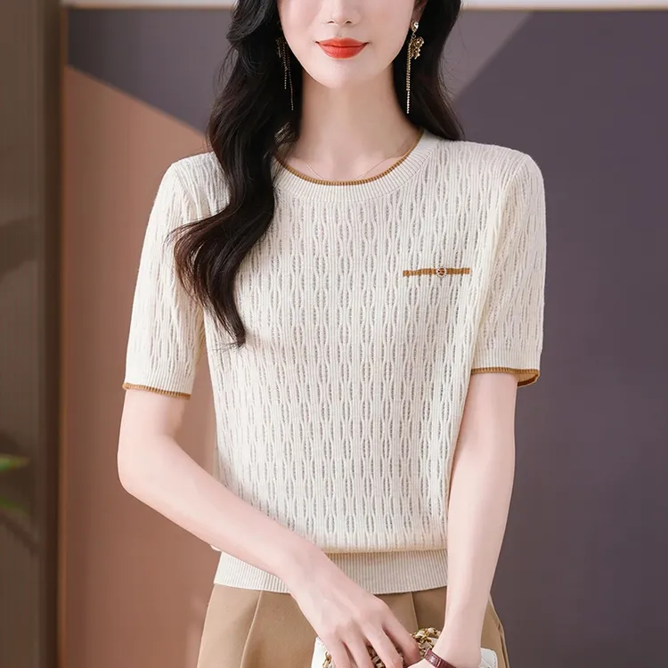 新品爆款气质短袖t恤女2025新款爆款夏季妈妈短款上衣针织衫薄