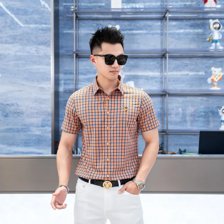 2025男士欧货衬衣显瘦时尚百搭色织夏季休闲短袖衬衫2207