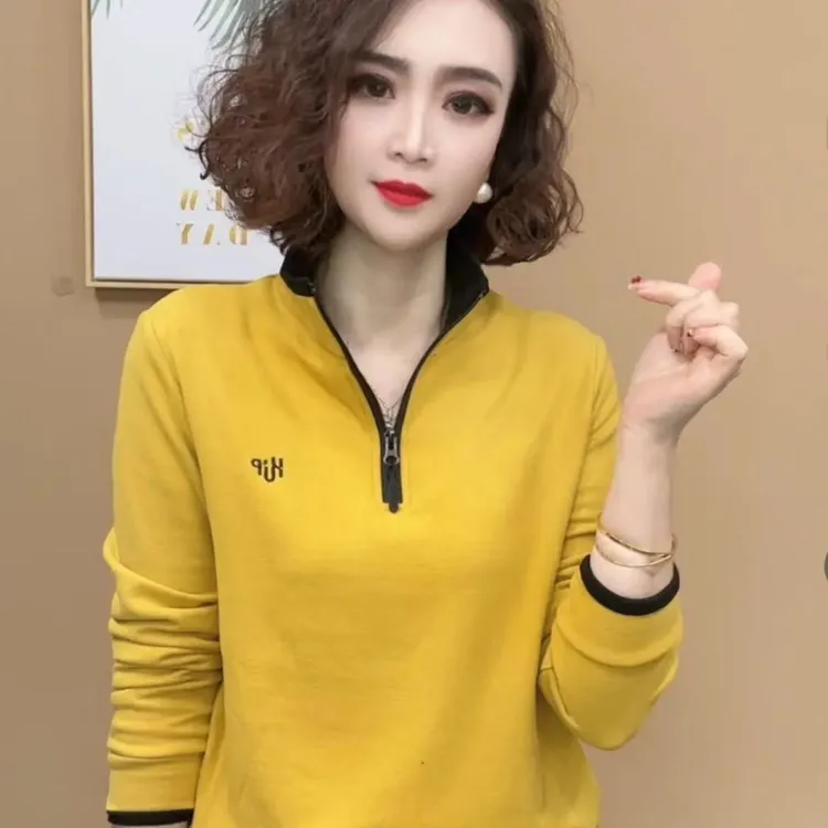 冬季时尚新款百搭洋气半拉链半高领双面绒保暖刺绣撞色打底上衣