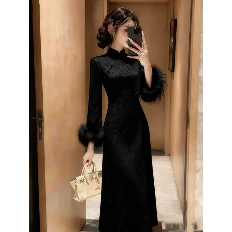 高级黑新中式旗袍敬酒服加绒加厚订婚结婚礼服裙女高级感回门婚礼