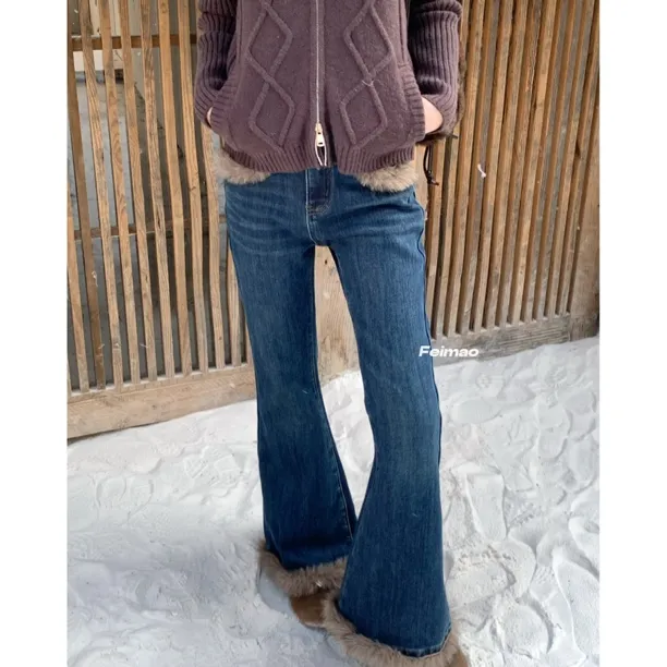 赵小小【暖绒腿精牛仔～】9860 高腰流苏毛边拼接腰头牛仔裤显瘦喇叭