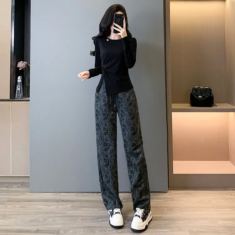 2025春秋新款时尚休闲套装女气质减龄圆领长袖花色高腰长裤两件