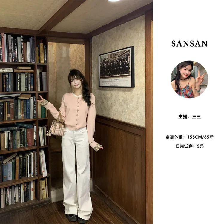 【三三】（秋日织物）休闲百搭格纹拼接上衣假两件撞色套头针织衫