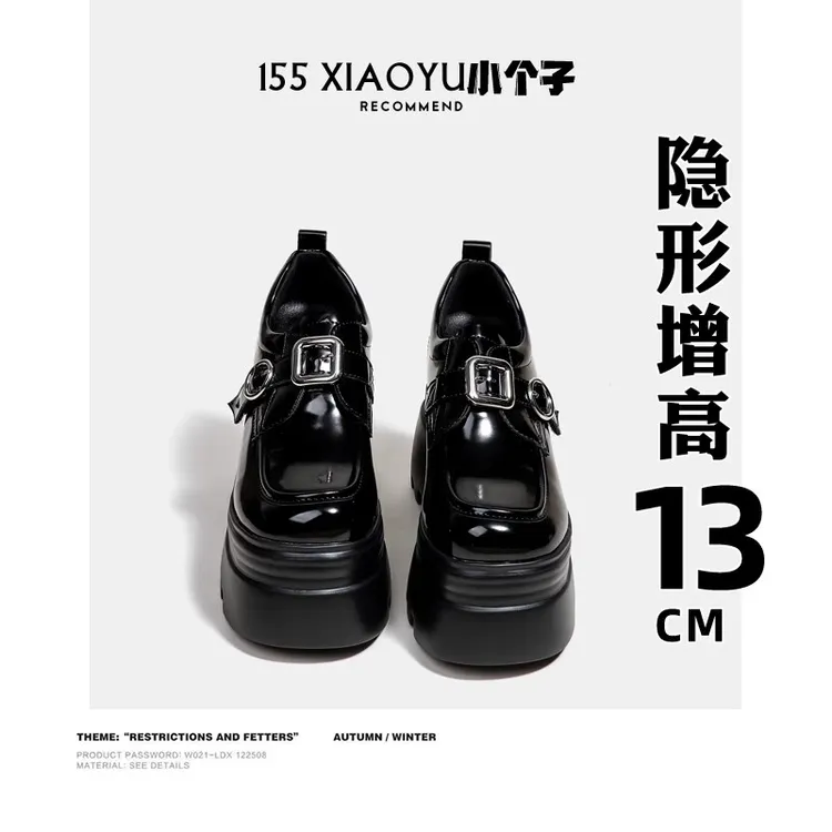 女女款女士英伦风玛丽珍豆豆高跟上班族高颜值厚底厚底小皮鞋黑色