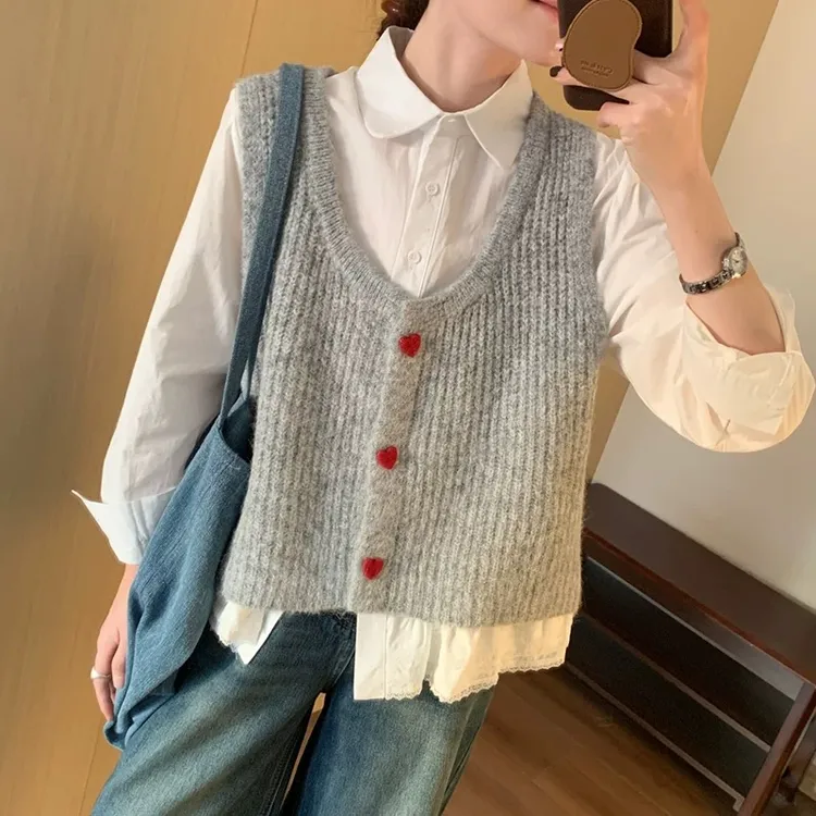韩系小清新甜美爱心扣开衫马甲2025秋季新款休闲叠穿毛衣坎肩