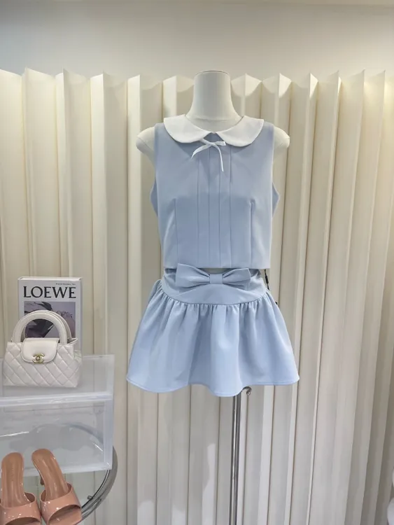 学院风灰色蝴蝶结娃娃领无袖上衣搭配A字半身裙女纯欲慵懒风女装