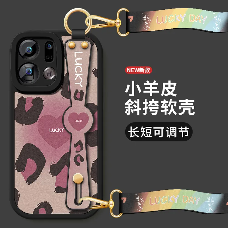 适用oppofindx9pro手机壳新款opfindx9斜跨腕带挂绳支架豹纹爱心