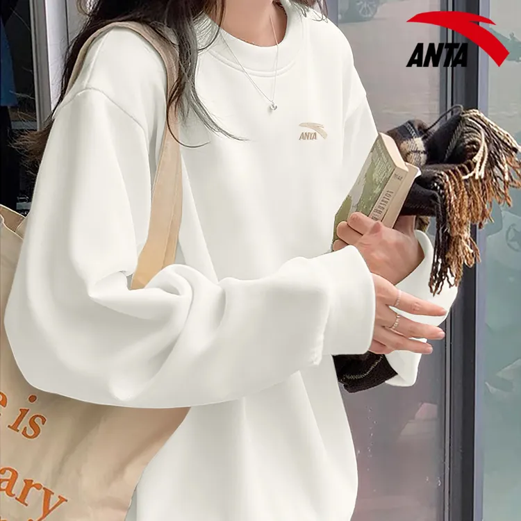 安踏宽松卫衣女学生简约2025秋季新款圆领长袖刺绣内搭套头上衣女