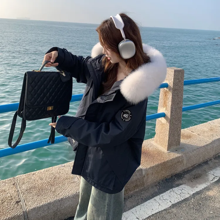 藏青色工装派克羽绒服短款女款韩系宽松连帽大毛领内胆白鸭绒外套