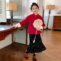 D24180女童外套冬装2025新款洋气红色拜年服亮片半身裙儿童新年装