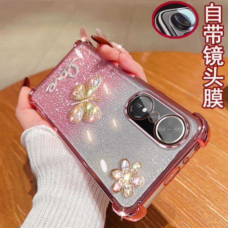 适用于荣耀畅玩70Plus手机壳LOG-AN00镜头全包镶钻蝴蝶气囊防摔套