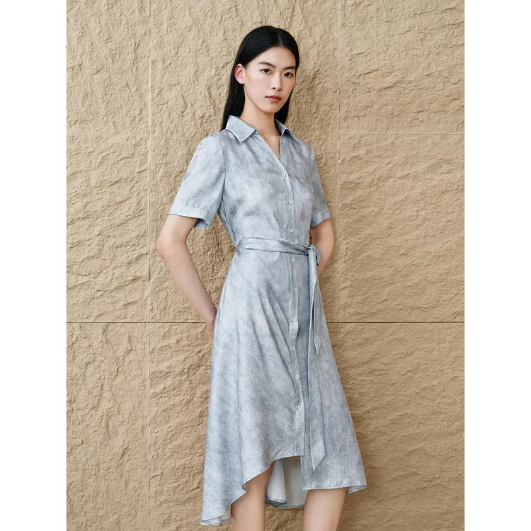 「筑感通勤」INSUN恩裳夏气质时尚水蓝色提花真丝连衣裙9C65205950