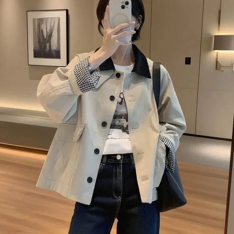 2025年春秋新款女装巴恩风小个子短款宽松外套休闲翻领夹克风衣女