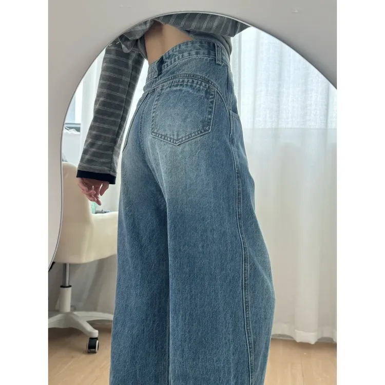 酷酷裤裤复古蓝美式设计感女直筒裤牛仔裤女宽松休闲显瘦阔腿裤