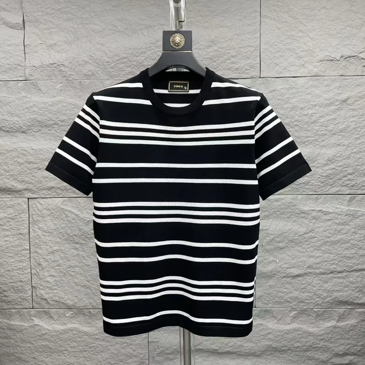 男士针织衫黑纹短袖圆领时尚修身百搭显瘦弹力舒适百搭针织半袖