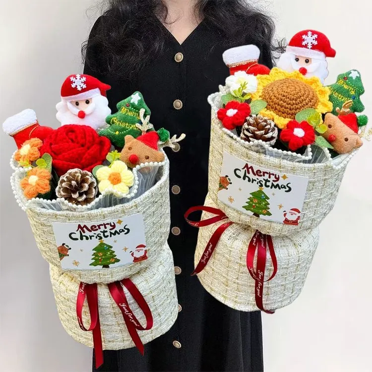 成品手工编织毛线仿真玫瑰向日葵混搭小香风花束圣诞节礼物送女友