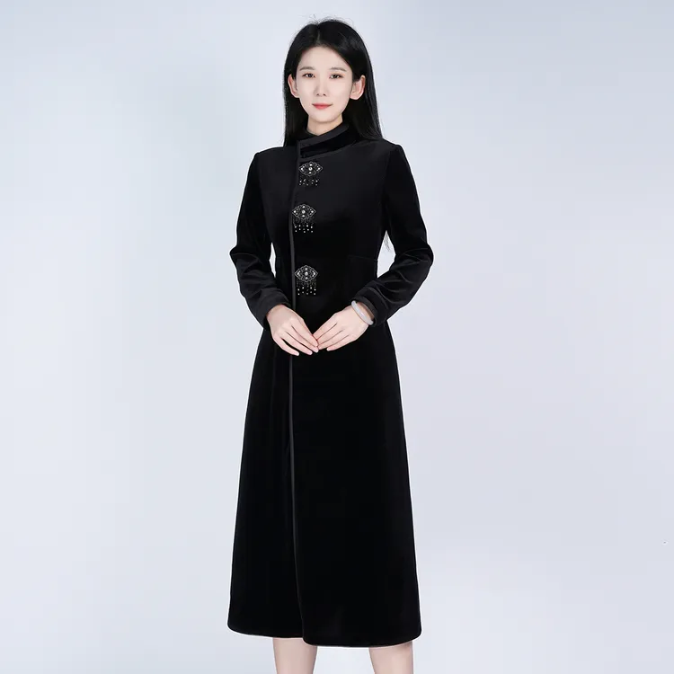 浒城古娘国风丝绒立领长袖显瘦中长通勤女星洛连衣裙HCSS050910