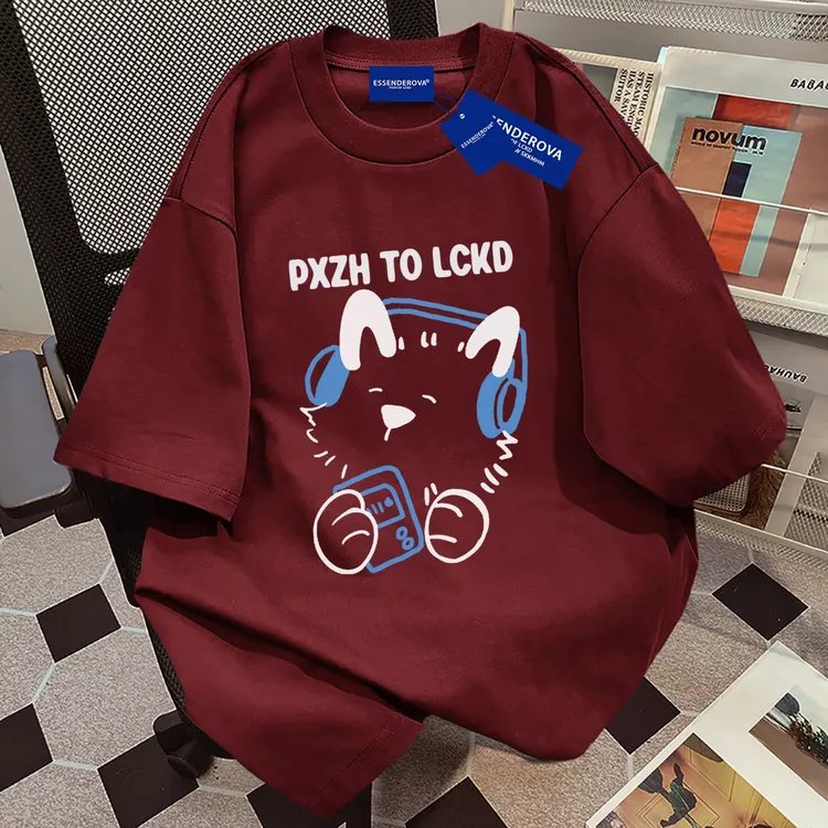 100%纯棉简约耳机小猫ins字母印花女短袖潮牌t恤夏季百搭宽松上衣