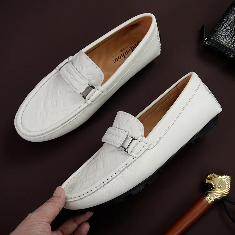 杰登豪正品白色真皮豆豆鞋男鞋英伦时尚休闲百搭乐福鞋一脚蹬皮鞋