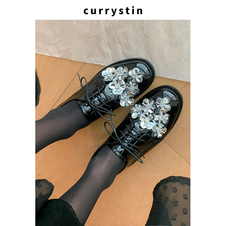 2025年新款真皮乐福鞋子粗跟系带小皮鞋日常百搭低跟水钻女士单鞋