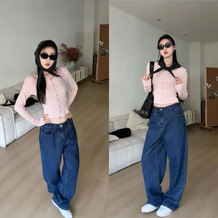 韩系温柔纯欲风粉色纽扣针织正肩收腰长袖开衫女秋上新时尚百搭款