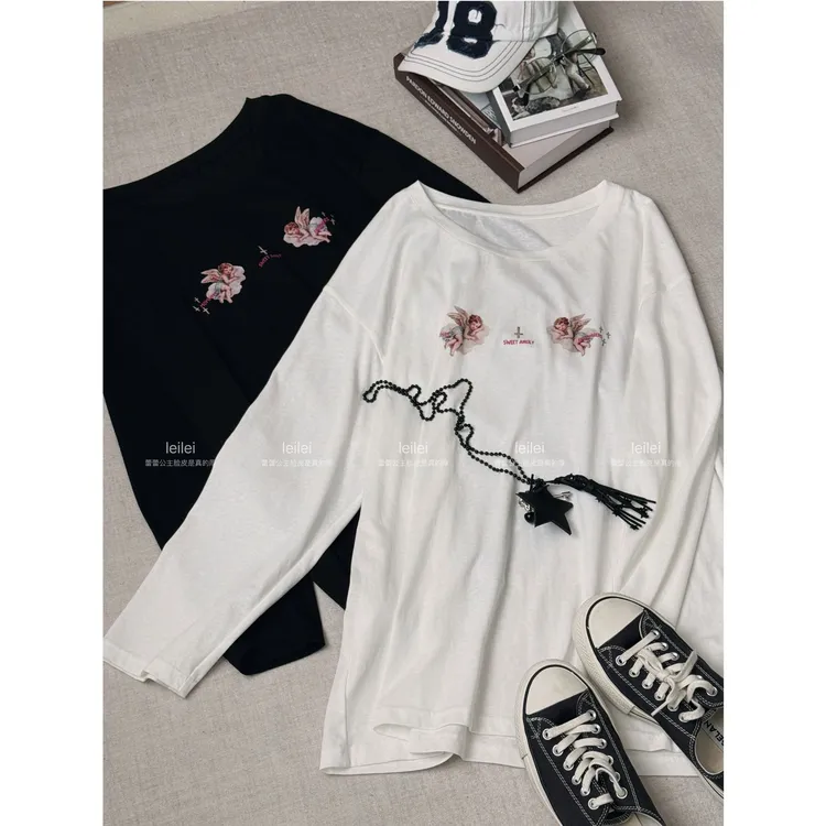 晶咕【双子星】胸前天使图案圆领宽松长袖T恤上衣