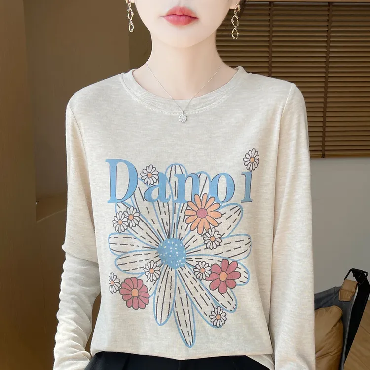 【现货宠粉】新款长袖针织衫女圆领T恤印花法式奶芙打底春秋打底衫