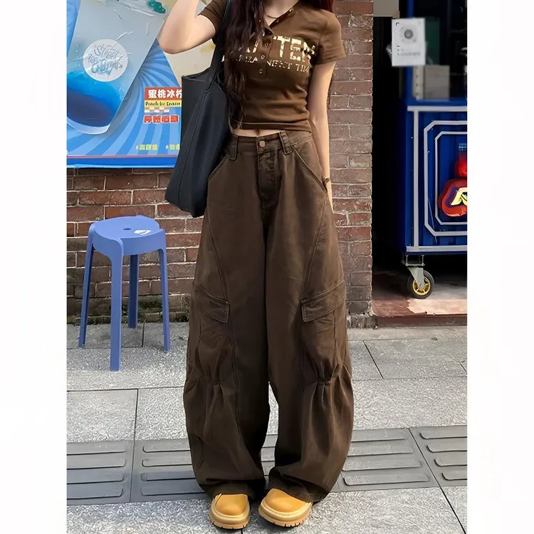 美式复古口袋设计咖色弯刀工装裤阔腿女秋季街头辣妹宽松休闲长裤
