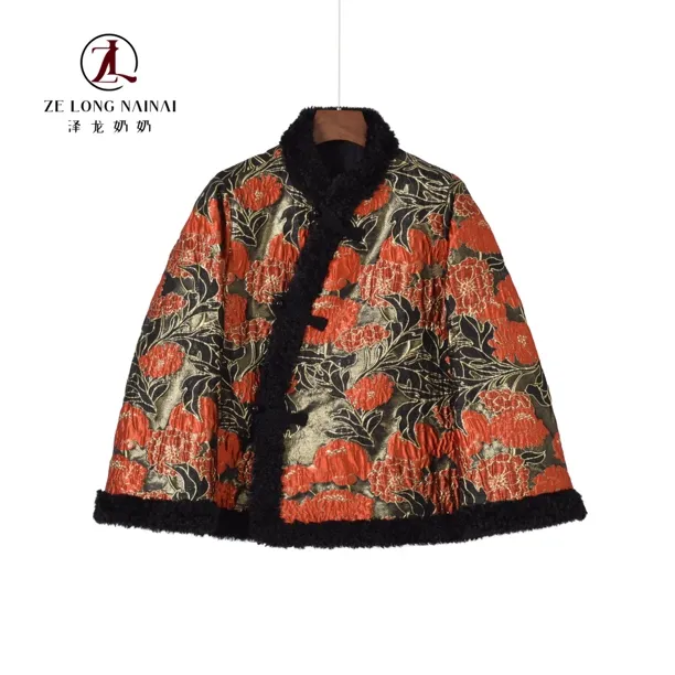 4119复古提花牡丹棉袄毛绒包边盘扣外套秋冬宽松厚款国风休闲上衣