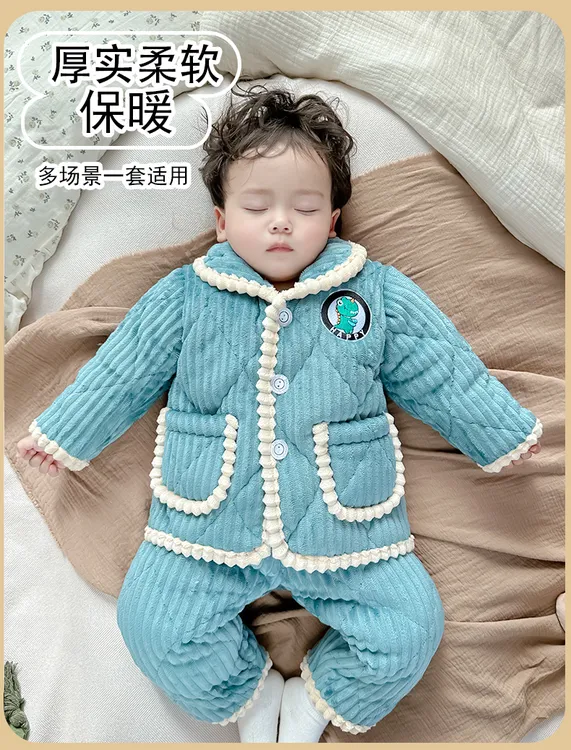 儿童睡衣宝宝冬季三层夹棉加绒加厚男童女童珊瑚绒家居服套装冬款