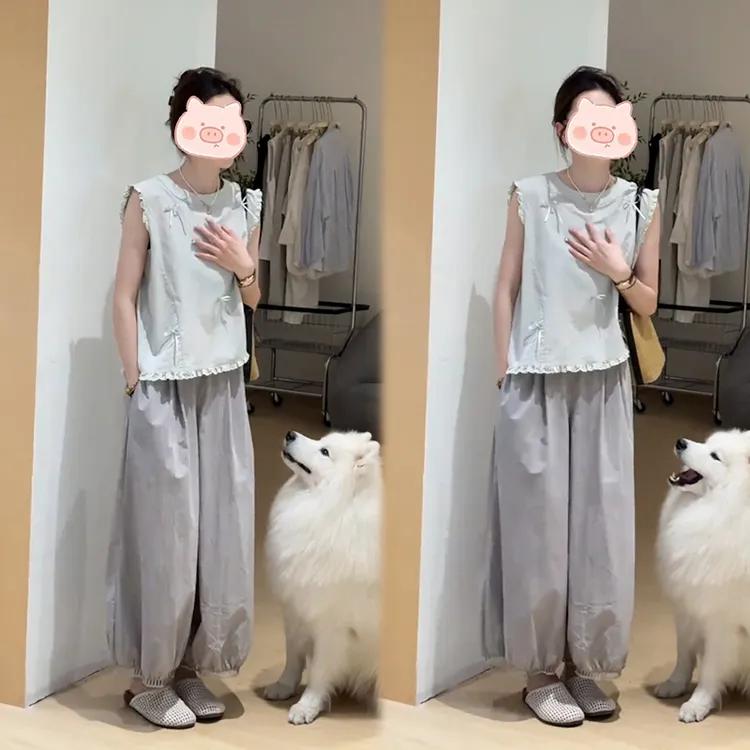 2025夏季新款法式气质独特绝美无袖小背心搭配宽松阔腿裤两件套女