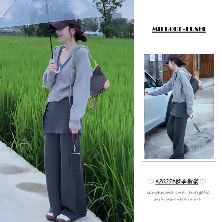 秋季穿搭女一整套2025新款韩版连帽针织毛衣百搭屁帘阔腿裤两件套
