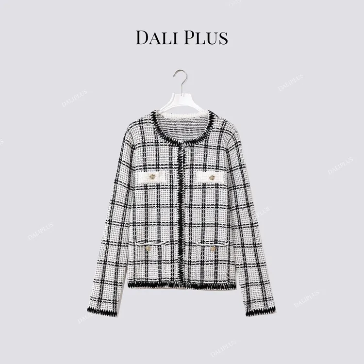 DALI PLUS黑白小香风针织开衫”莱赛尔天丝亚麻长袖外套-D5MM2599